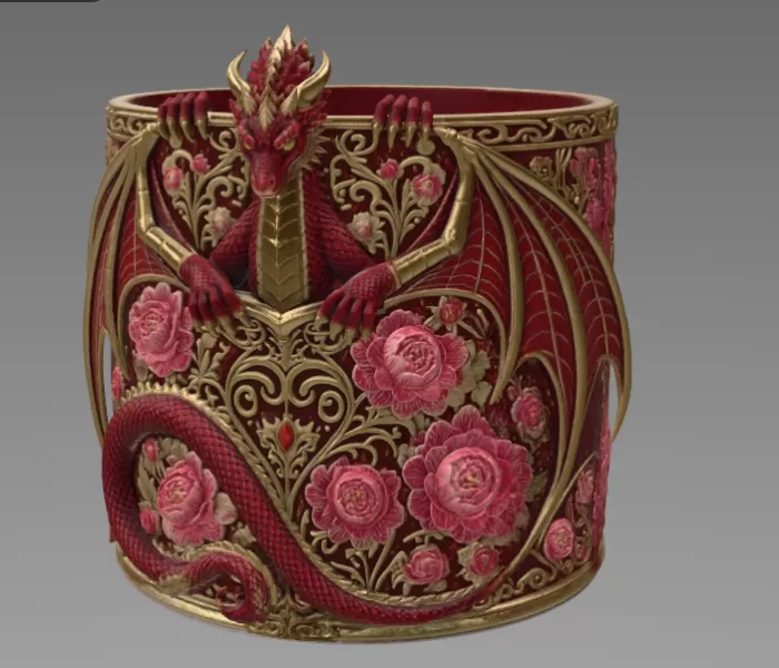 Red Floral Dragon Flower Pot STL File for 3D Print - Model preview 6