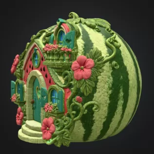 Watermelon Fairy House STL for 3D Print - Model thumbnail 4