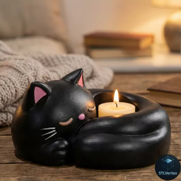 Sleeping Cat Candle Holder 3D Printable Model - Model preview 1