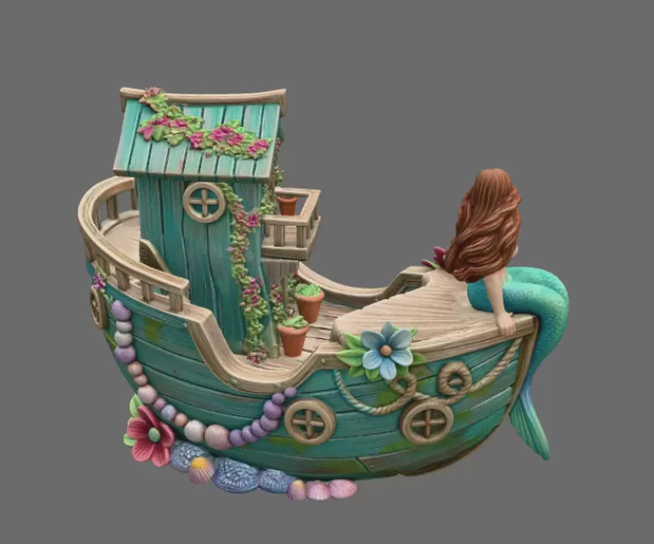 Mermaid Boat House STL File 3D Printable Fantasy Mermaid Scene - Model preview 6