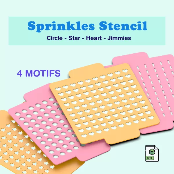 3D Sprinkles Stencil Set, 4 Motifs Circle, Star, Heart, Jimmies - Model preview 3