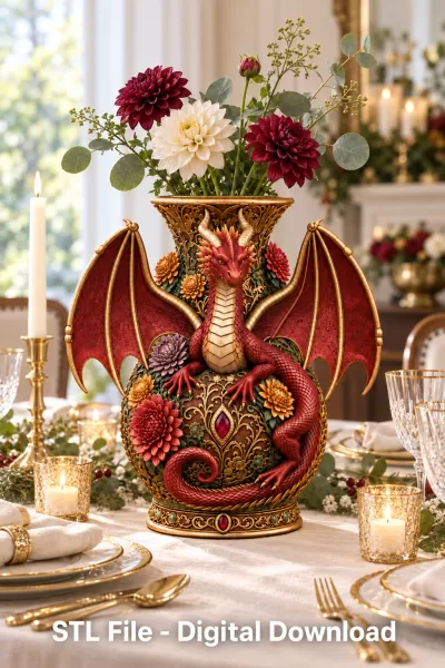 Crimson Floral Dragon Vase STL File for 3D Print - Model preview 5