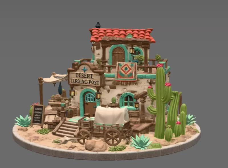 Desert Trading Post Fantasy Western Village STL File for 3D - Model preview 8
