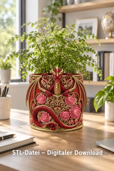 Red Floral Dragon Flower Pot STL File for 3D Print - Model preview 4