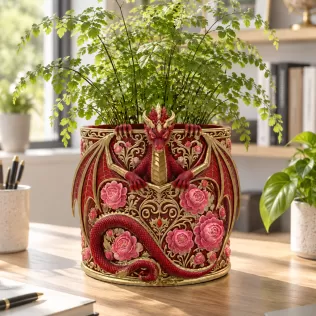 Red Floral Dragon Flower Pot STL File for 3D Print - Model thumbnail 4