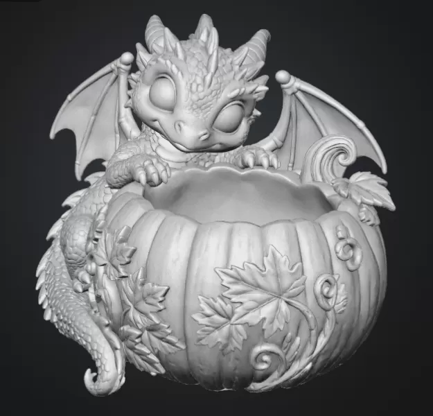 Autumn Baby Dragon Pumpkin Bowl STL File for 3D Print - Model preview 13