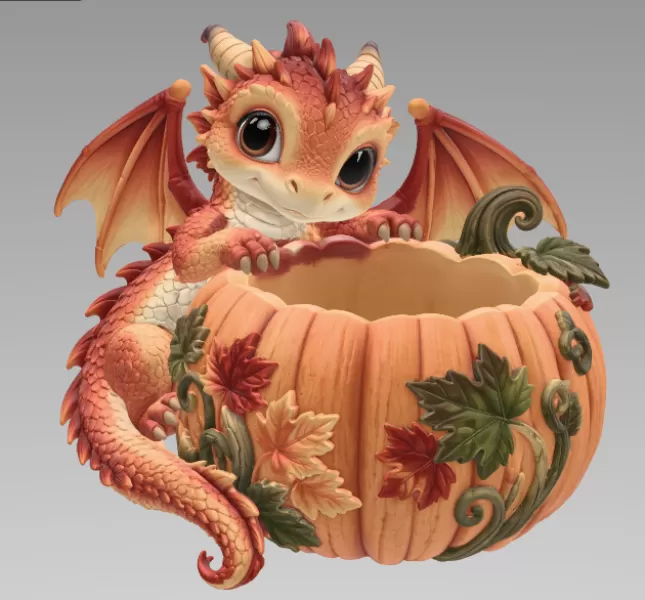 Autumn Baby Dragon Pumpkin Bowl STL File for 3D Print - Model preview 9
