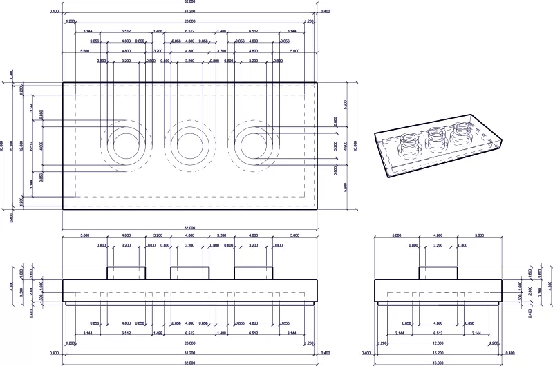 LEGO Jumper Plate 2X4 with 3 Knobs - Model preview 4