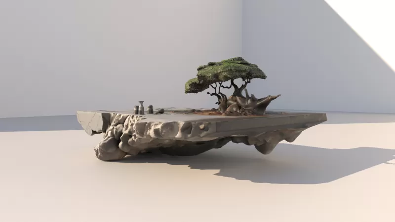 Floating stone with bonsai table - Model preview 2