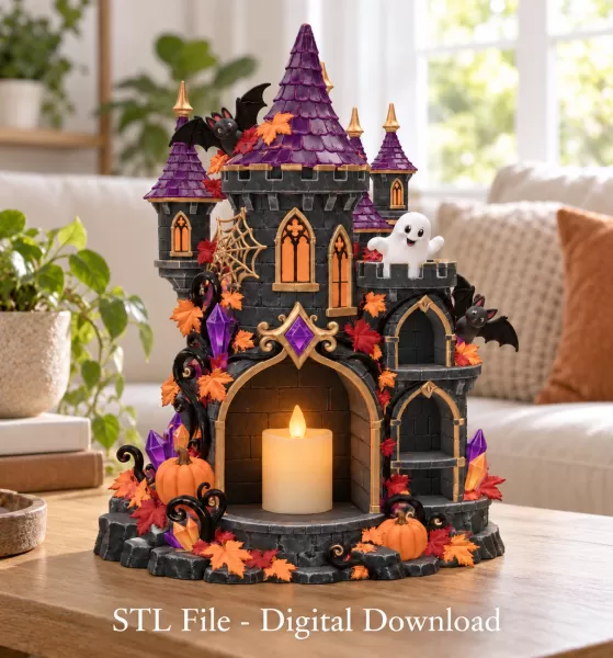 Haunted Halloween Castle LED Candle Holder STL File for 3D Print - Model preview 2