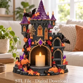 Haunted Halloween Castle LED Candle Holder STL File for 3D Print - Model thumbnail 2