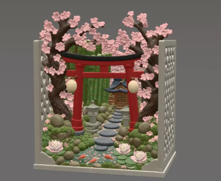 Sakura Sanctuary Book Nook STL File for 3D Print - Model preview 7