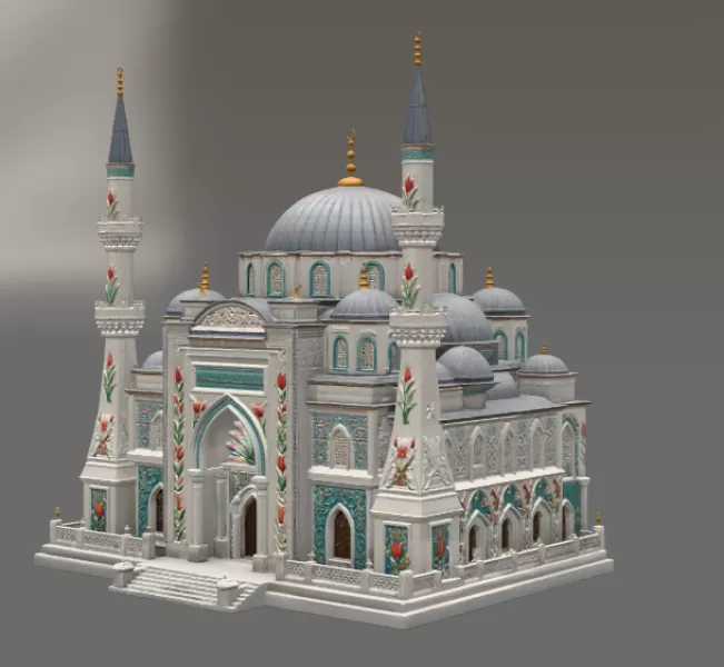 Blue Dome and Twin Minaret Architecture STL File for 3D Print - Model preview 10