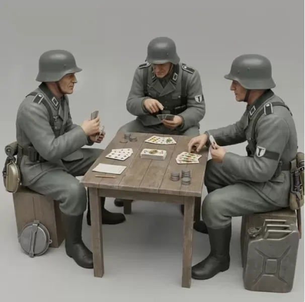 Soldiers Playing Skat – WWII Diorama Scene STL - Model preview 1