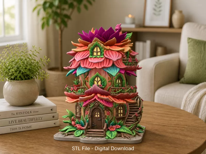 Whimsical Blossom Cottage STL File for 3D Printing - Model preview 1