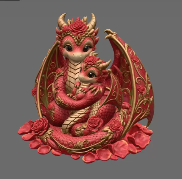 Rose Dragon Mother and Baby STL File for 3D Print - Model preview 7