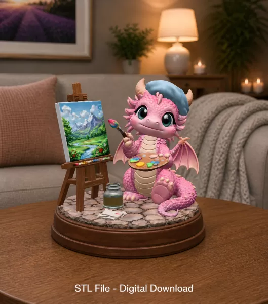 Cute Artist Dragon STL File for 3D Print - Model preview 1
