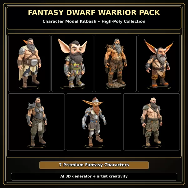 Fantasy Dwarf Warrior Pack – Fantasy Character Model Kitbash - Model preview 1