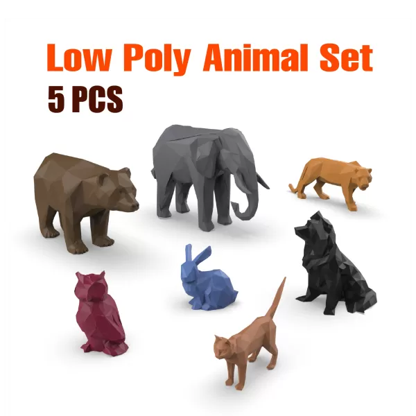 3D Low Polygonal Animals Set, Owl; Tiger; Cat; Elephant; Rabbit - Model preview 2