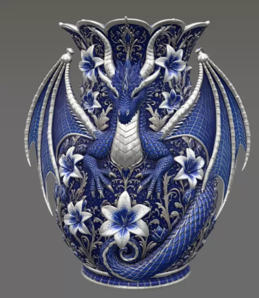 Royal Blue Lily Dragon Vase STL File for 3D Print - Model preview 7