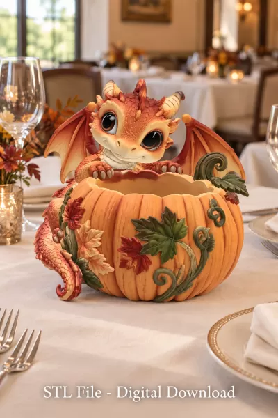 Autumn Baby Dragon Pumpkin Bowl STL File for 3D Print - Model preview 5