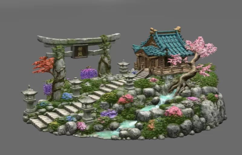 🏯 Japanese Sakura Shrine Garden STL File for 3D Print - Model preview 5