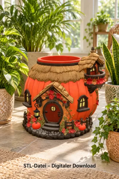 Autumn Pumpkin Cottage Planter STL File for 3D Print - Model preview 3