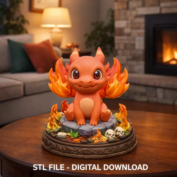 Fire Baby Dragon STL File 3D Printable Cute Fire Dragon Figurine - Model preview 2