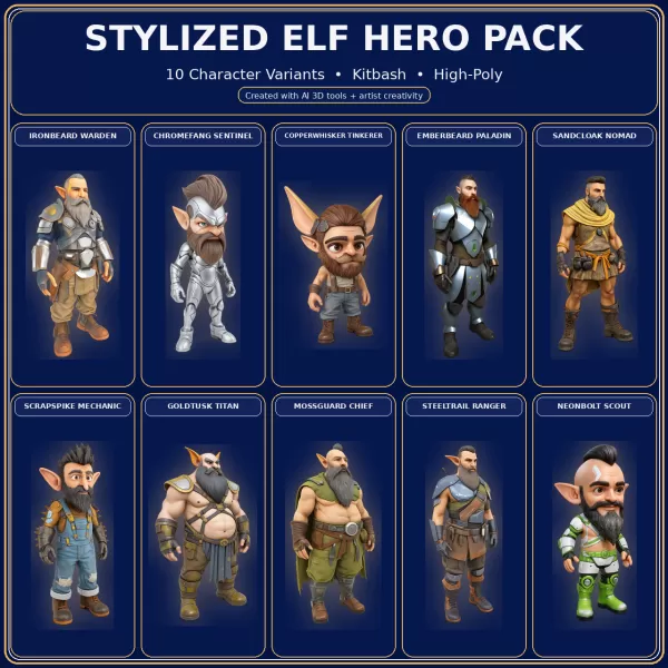 Stylized Elf Hero Pack – 10 Character Variants | Kitbash | - Model preview 1