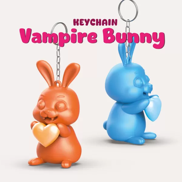 3D Easter Vampire Bunny Keychain, Cute Heart Bunny Charm, Fun - Model preview 2