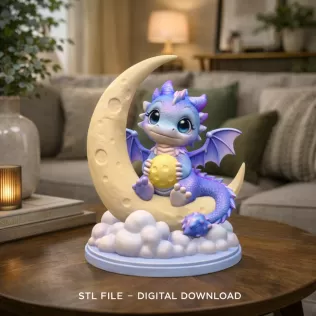 Moon Baby Dragon STL File 3D Printable Fantasy Dragon Figurine - Model thumbnail 2