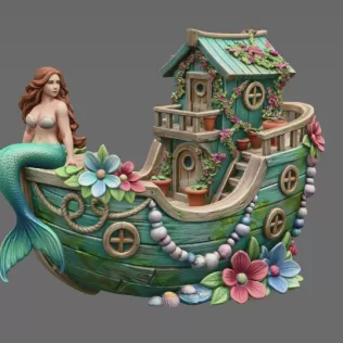 Mermaid Boat House STL File 3D Printable Fantasy Mermaid Scene - Model thumbnail 3