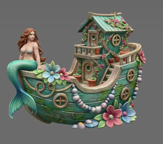 Mermaid Boat House STL File 3D Printable Fantasy Mermaid Scene - Model preview 3