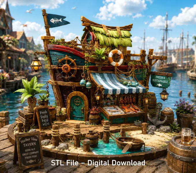 Floating Fish Market Boat STL File for 3D Print - Model preview 1