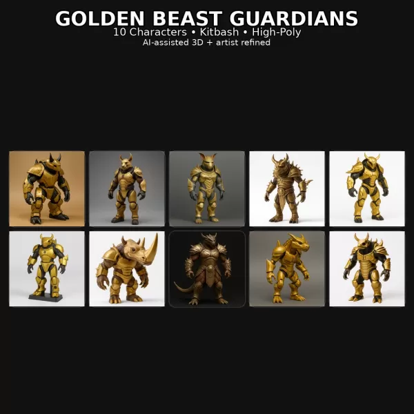 Golden Beast Guardians – Gilded Horned Character Pack (10 Models - Model preview 1
