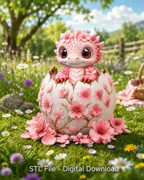 Cherry Blossom Baby Dragon in Egg STL File for 3D Print - Model preview 3