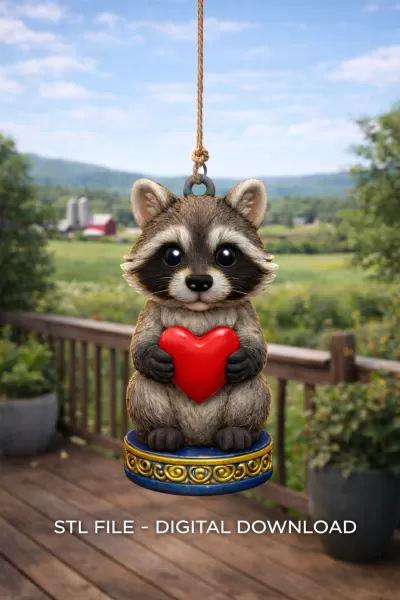 Cute Woodland Raccoon STL File – Heart Ornament 3D Print Downloa - Model preview 2