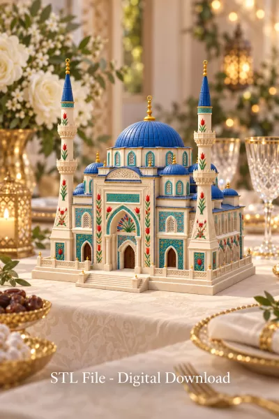 Blue Dome and Twin Minaret Architecture STL File for 3D Print - Model preview 4