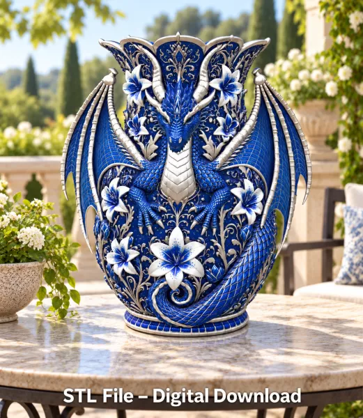 Royal Blue Lily Dragon Vase STL File for 3D Print - Model preview 2
