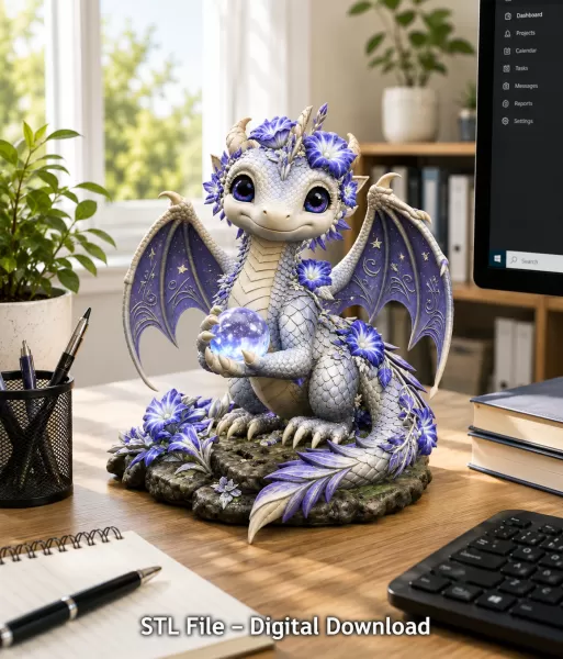 Cute Moonlight Dragon with Crystal Orb STL File for 3D Print - Model preview 4