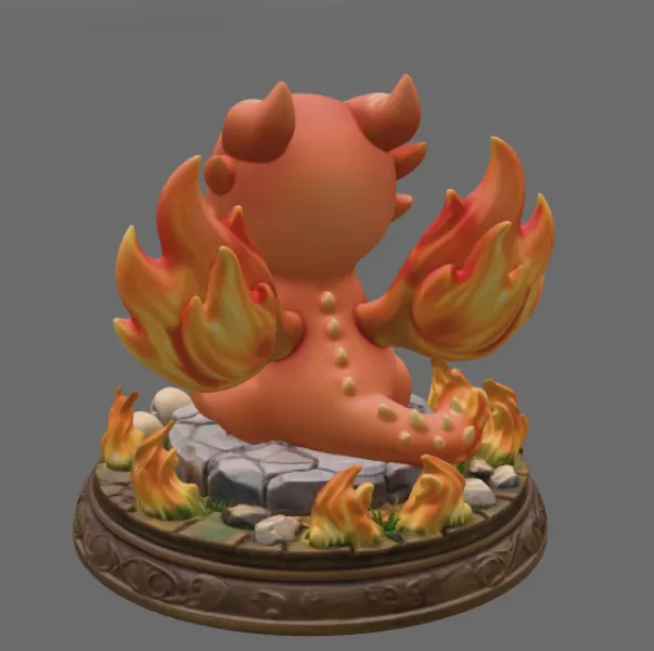 Fire Baby Dragon STL File 3D Printable Cute Fire Dragon Figurine - Model preview 7