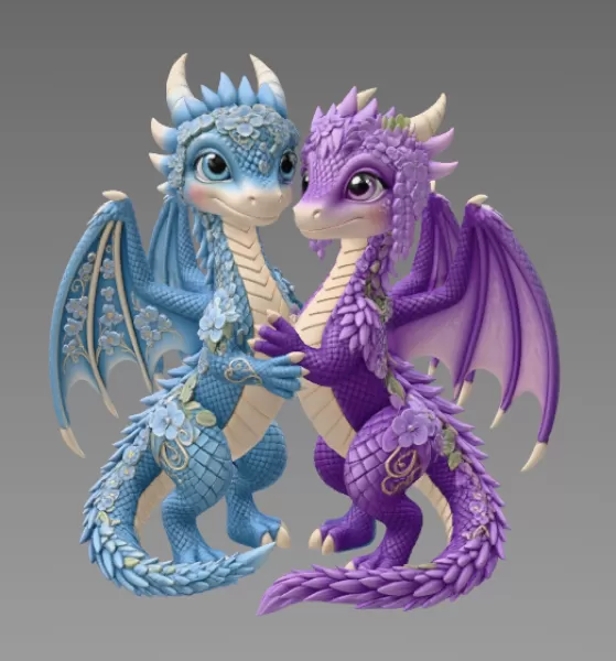 Romantic Floral Dragon Couple STL File for 3D Print - Model preview 7