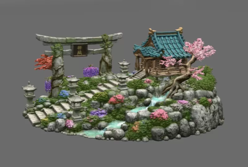 🏯 Japanese Sakura Shrine Garden STL File for 3D Print - Model preview 6