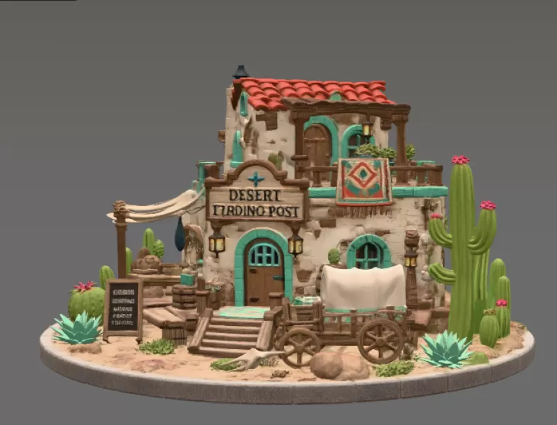 Desert Trading Post Fantasy Western Village STL File for 3D - Model preview 5