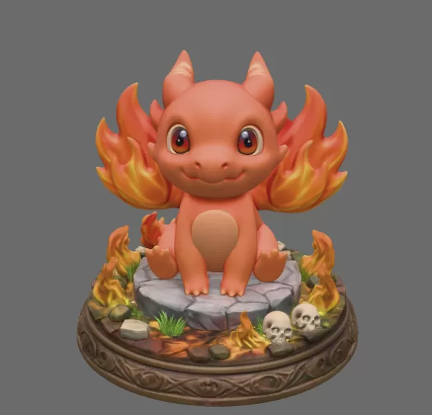 Fire Baby Dragon STL File 3D Printable Cute Fire Dragon Figurine - Model preview 4