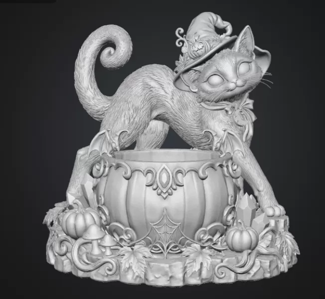 Halloween Witch Cat Pumpkin Bowl STL File for 3D Print - Model preview 12