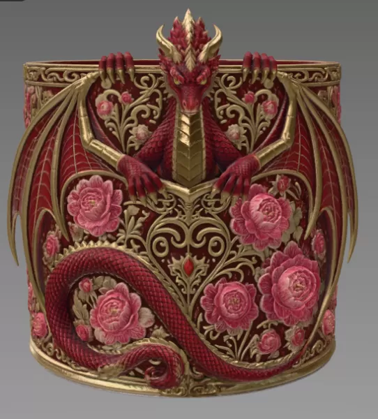 Red Floral Dragon Flower Pot STL File for 3D Print - Model preview 7