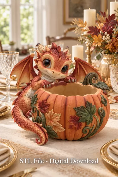 Autumn Baby Dragon Pumpkin Bowl STL File for 3D Print - Model preview 4