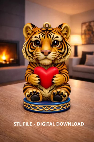 Cute Tiger with Heart – 3D Printable STL File - Model preview 2
