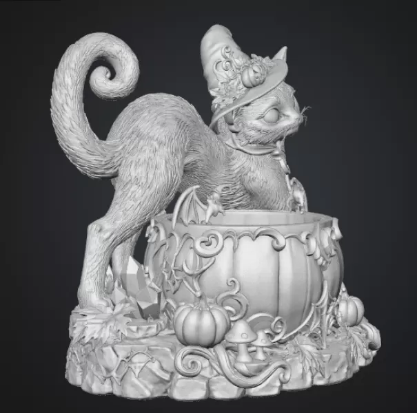 Halloween Witch Cat Pumpkin Bowl STL File for 3D Print - Model preview 16